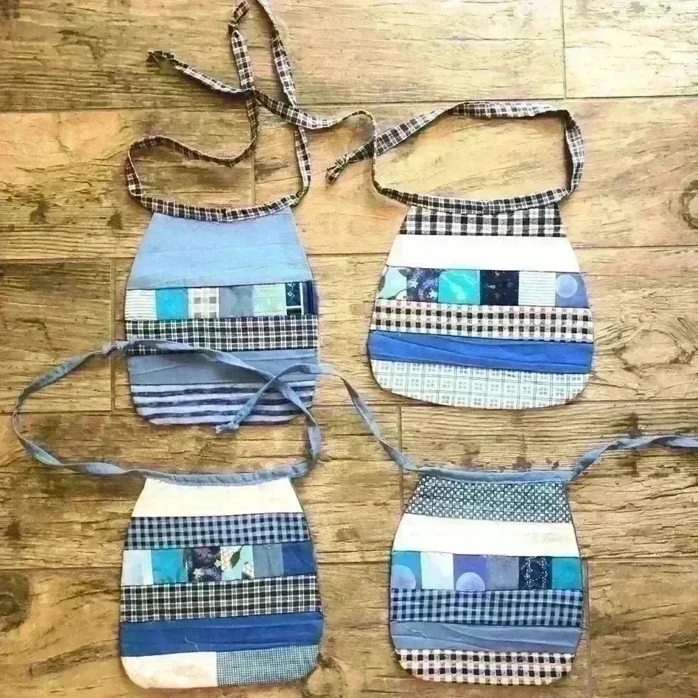 LOT OF 4 BABY BOY DENIM UPCYCLED MATERIAL QUILT BIBS